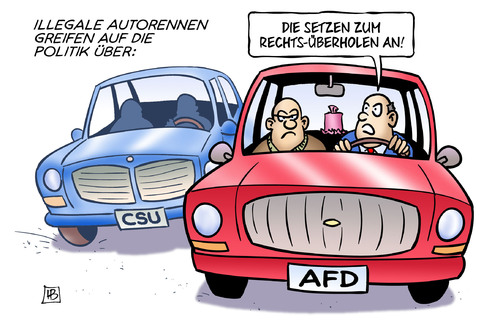 Cartoon: Illegale Autorennen (medium) by Harm Bengen tagged illegale,autorennen,ueberholen,politik,rechtspopulismus,afd,csu,flucht,fluechtlinge,fremdenfeindlich,imigration,zuwanderung,fluechtlingskrise,fluechtlingspolitik,harm,bengen,cartoon,karikatur,illegale,autorennen,ueberholen,politik,rechtspopulismus,afd,csu,flucht,fluechtlinge,fremdenfeindlich,imigration,zuwanderung,fluechtlingskrise,fluechtlingspolitik,harm,bengen,cartoon,karikatur