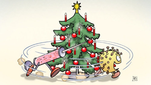 Cartoon: Impf-Wettlauf (medium) by Harm Bengen tagged weihnachtsbaum,wettlauf,weihnachten,spritze,virus,corona,impfen,boostern,rennen,verfolgung,harm,bengen,cartoon,karikatur,weihnachtsbaum,wettlauf,weihnachten,spritze,virus,corona,impfen,boostern,rennen,verfolgung,harm,bengen,cartoon,karikatur