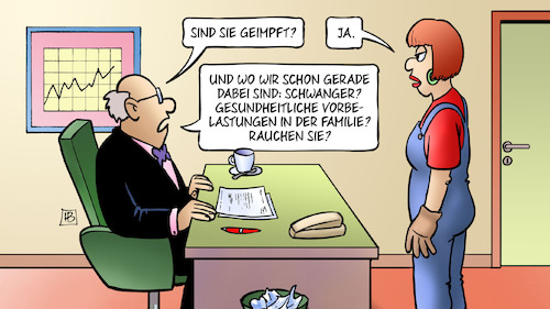 Cartoon: Impfstatusabfrage (medium) by Harm Bengen tagged impfstatusabfrage,datenschutz,geimpft,impfung,corona,chef,neugier,persönlichkeitsrechte,schwanger,gesundheit,firma,arbeitgeber,arbeiterin,harm,bengen,cartoon,karikatur,impfstatusabfrage,datenschutz,geimpft,impfung,corona,chef,neugier,persönlichkeitsrechte,schwanger,gesundheit,firma,arbeitgeber,arbeiterin,harm,bengen,cartoon,karikatur