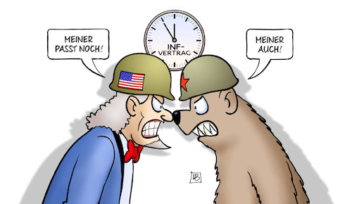 Cartoon: INF-Vertrag (medium) by Harm Bengen tagged inf,vertrag,usa,russland,wettrüsten,abrüstung,raketen,krieg,uncle,sam,bär,stahlhelme,harm,bengen,cartoon,karikatur,inf,vertrag,usa,russland,wettrüsten,abrüstung,raketen,krieg,uncle,sam,bär,stahlhelme,harm,bengen,cartoon,karikatur