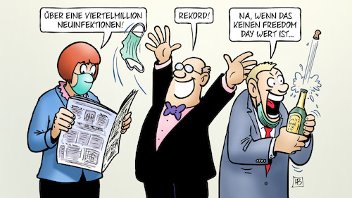 Cartoon: Infektionsrekord (medium) by Harm Bengen tagged viertelmillion,neuinfektionen,rekord,freedom,day,corona,lockerungen,schutzmassnahmen,sekt,feiern,zeitung,lesen,harm,bengen,cartoon,karikatur,viertelmillion,neuinfektionen,rekord,freedom,day,corona,lockerungen,schutzmassnahmen,sekt,feiern,zeitung,lesen,harm,bengen,cartoon,karikatur