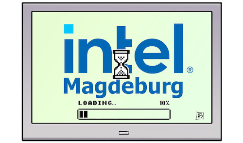 Cartoon: Intel (medium) by Harm Bengen tagged intel,magdeburg,chipsfabrik,chipfabrik,subventionen,verzögerung,buffering,ladebalken,monitor,harm,bengen,cartoon,karikatur,intel,magdeburg,chipsfabrik,chipfabrik,subventionen,verzögerung,buffering,ladebalken,monitor,harm,bengen,cartoon,karikatur