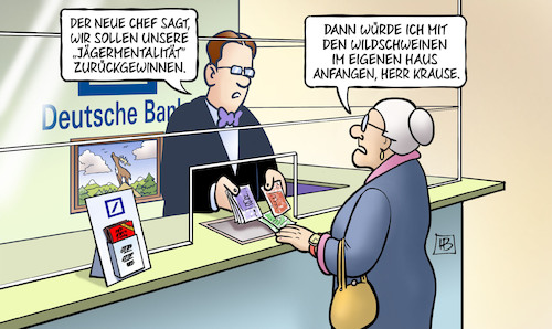 Cartoon: Jägermentalität (medium) by Harm Bengen tagged neuer,chef,deutsche,bank,sewing,jägermentalität,wildschweine,susemil,harm,bengen,cartoon,karikatur,neuer,chef,deutsche,bank,sewing,jägermentalität,wildschweine,susemil,harm,bengen,cartoon,karikatur