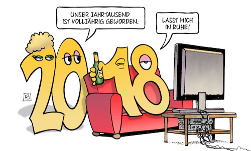 Cartoon: Jahrtausend volljährig (medium) by Harm Bengen tagged jahrtausend,volljährig,2018,neujahr,tv,jugendliche,eltern,bier,harm,bengen,cartoon,karikatur,jahrtausend,volljährig,2018,neujahr,tv,jugendliche,eltern,bier,harm,bengen,cartoon,karikatur