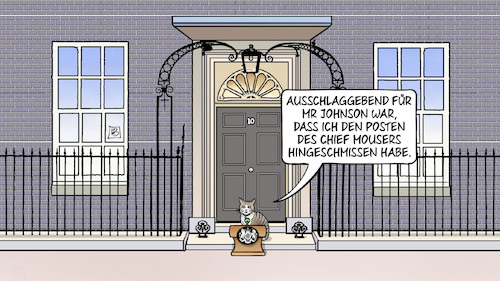 Cartoon: Johnson-Rücktritt (medium) by Harm Bengen tagged chief,mouser,rücktritt,downing,street,10,larry,kater,katze,boris,johnson,gb,uk,pm,harm,bengen,cartoon,karikatur,chief,mouser,rücktritt,downing,street,10,larry,kater,katze,boris,johnson,gb,uk,pm,harm,bengen,cartoon,karikatur