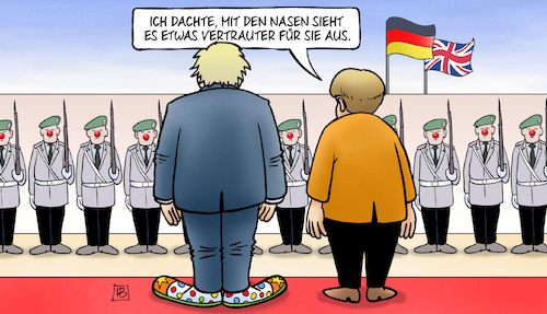 Cartoon: Johnson bei Merkel (medium) by Harm Bengen tagged clownsnasen,clownschuhe,boris,johnson,brexit,uk,gb,merkel,deutschland,soldaten,staatsempfang,staatsbesuch,backstop,regelung,harm,bengen,cartoon,karikatur,clownsnasen,clownschuhe,boris,johnson,brexit,uk,gb,merkel,deutschland,soldaten,staatsempfang,staatsbesuch,backstop,regelung,harm,bengen,cartoon,karikatur