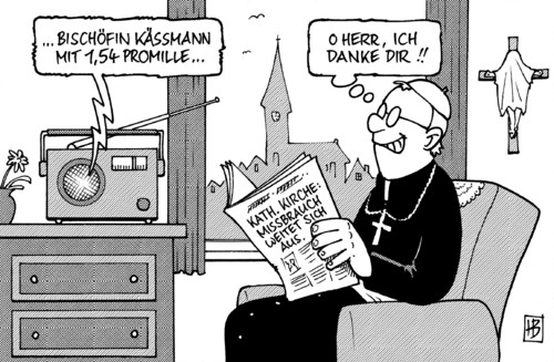 Cartoon: Kässmann (medium) by Harm Bengen tagged kässmann,bischof,bischöfin,ekd,evangelisch kirche,katholisch,missbrauch,kinderschänder,zeitung,radio,kruzifix,jesuiten,religion,glaube,skandal,evangelisch,kirche