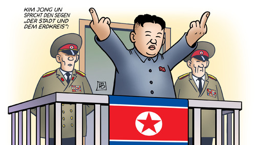 Cartoon: Kim-Segen (medium) by Harm Bengen tagged kim,jong,un,nordkorea,südkorea,krieg,provokation,manöver,raketen,atomwaffen,test,usa,obama,segen,vatikan,kirche,urbi,et,orbi,harm,bengen,cartoon,karikatur,kim,jong,un,nordkorea,südkorea,krieg,provokation,manöver,raketen,atomwaffen,test,usa,obama,segen,vatikan,kirche,urbi,et,orbi,harm,bengen,cartoon,karikatur