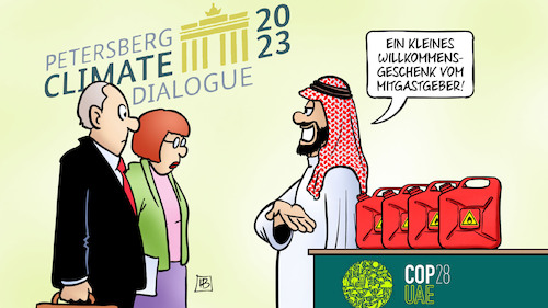 Cartoon: Klimadialog mit Dubai (medium) by Harm Bengen tagged willkommensgeschenk,mitgastgeber,petersberger,klimadialog,vae,uav,dubai,cop28,kanister,scheich,fossile,energien,harm,bengen,cartoon,karikatur,willkommensgeschenk,mitgastgeber,petersberger,klimadialog,vae,uav,dubai,cop28,kanister,scheich,fossile,energien,harm,bengen,cartoon,karikatur