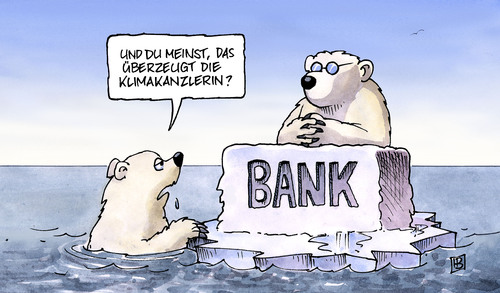 Cartoon: Klimakanzlerin (medium) by Harm Bengen tagged klimakanzlerin,klima,kanzlerin,eu,gipfel,geld,banken,rettung,blockade,kopenhagen,merkel,eisbären,bank,klimawandel,klima,umwelt,wetter,globale erwärmung,kanzlerin,kanzler,bundeskanzler,bundeskanzlerin,banken,bank,rettung,blockade,gipfel,eu,eisbären,angela merkel,kopenhagen,globale,erwärmung,angela,merkel