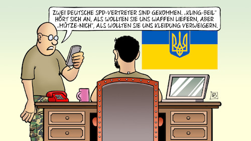 Cartoon: Kling-Beil und Mütze-nich (medium) by Harm Bengen tagged spd,kiew,klingbeil,waffen,mützenich,kleidung,besuch,selenskyj,krieg,ukraine,russland,harm,bengen,cartoon,karikatur,spd,kiew,klingbeil,waffen,mützenich,kleidung,besuch,selenskyj,krieg,ukraine,russland,harm,bengen,cartoon,karikatur