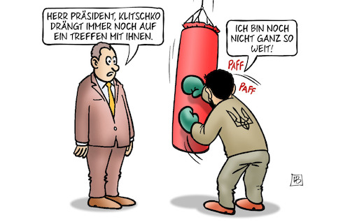 Cartoon: Klitschko kritisiert Selenskyj (medium) by Harm Bengen tagged präsident,selenskyj,klitschko,treffen,boxer,boxen,training,ukraine,krieg,kritik,harm,bengen,cartoon,karikatur,präsident,selenskyj,klitschko,treffen,boxer,boxen,training,ukraine,krieg,kritik,harm,bengen,cartoon,karikatur