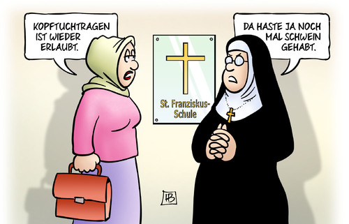 Cartoon: Kopftuchstreit (medium) by Harm Bengen tagged kopftuchtragen,kopftuchstreit,kopftuchverbot,erlaubt,lehrerin,religionsfreiheit,urteil,schule,bverfg,nonne,kirche,harm,bengen,cartoon,karikatur,kopftuchtragen,kopftuchstreit,kopftuchverbot,erlaubt,lehrerin,religionsfreiheit,urteil,schule,bverfg,nonne,kirche,harm,bengen,cartoon,karikatur