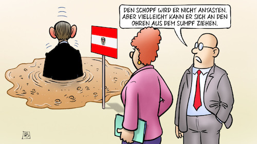 Cartoon: Kurz-Sumpf (medium) by Harm Bengen tagged schopf,ohren,sumpf,münchhausen,bundeskanzler,kurz,korruption,bestechung,harm,bengen,cartoon,karikatur,schopf,ohren,sumpf,münchhausen,bundeskanzler,kurz,korruption,bestechung,harm,bengen,cartoon,karikatur