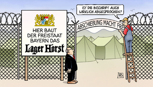 Cartoon: Lager Horst (medium) by Harm Bengen tagged freistaat,bayern,lager,horst,seehofer,abschiebung,arbeit,macht,frei,inschrift,zaun,stacheldraht,zelte,csu,asylanten,flüchtlinge,integration,asyl,harm,bengen,cartoon,karikatur,freistaat,bayern,lager,horst,seehofer,abschiebung,arbeit,macht,frei,inschrift,zaun,stacheldraht,zelte,csu,asylanten,flüchtlinge,integration,asyl,harm,bengen,cartoon,karikatur