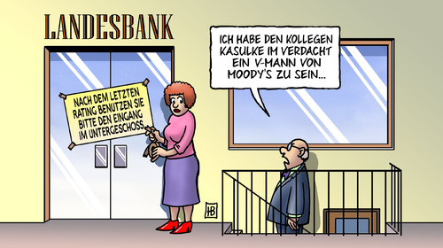 Cartoon: Landesbank-Rating (medium) by Harm Bengen tagged landesbank,rating,ratingagentur,moodys,finanzen,finanzkrise,downgrade,verdacht,kollege,verfassungsschutz,npd,nazis,terror,terrorzelle,nsu,verbot,vmann,landesbank,rating,ratingagentur,finanzen,finanzkrise,downgrade,verdacht,kollege,verfassungsschutz,nazis,terrorzelle,terror,npd,verbot