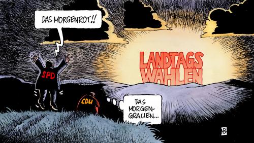 Cartoon: Landtagswahlen-Morgenrot (medium) by Harm Bengen tagged landtagswahlen,landtagswahl,sachsen,saarland,thüringen,spd,cdu,hoffung,angst,morgen,morgendämmerung,sonnenaufgang,morgenrot,morgengrauen,landtagswahlen,landtagswahl,sachsen,saarland,thüringen,spd,cdu,hoffung,morgen,angst,morgendämmerung,sonnenaufgang,morgenrot,morgengrauen,grauen,wahl,wahlen