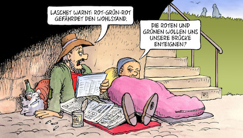 Cartoon: Laschet und Wohlstand (medium) by Harm Bengen tagged laschet,cdu,union,wahlkampf,warnt,rot,grün,wohlstand,brücke,enteignen,enteignung,mieten,obdachlos,bettler,harm,bengen,cartoon,karikatur,laschet,cdu,union,wahlkampf,warnt,rot,grün,wohlstand,brücke,enteignen,enteignung,mieten,obdachlos,bettler,harm,bengen,cartoon,karikatur