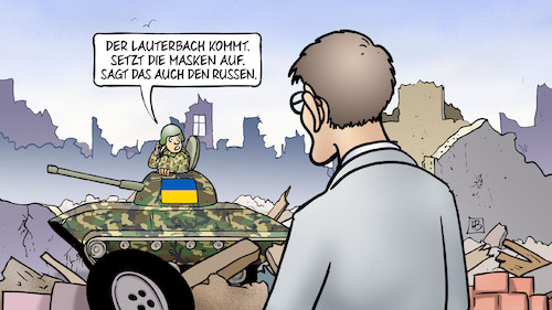 Cartoon: Lauterbach in Ukraine (medium) by Harm Bengen tagged lauterbach,corona,masken,russen,panzer,besuch,russland,ukraine,krieg,harm,bengen,cartoon,karikatur,lauterbach,corona,masken,russen,panzer,besuch,russland,ukraine,krieg,harm,bengen,cartoon,karikatur