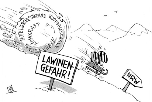 Cartoon: Lawinengefahr (medium) by Harm Bengen tagged lawine,gefahr,schwarz,gelb,tigerente,abwärts,nrw,wahl,wahlen,afghanistan,steuer,mehrwertsteuer,hotels,klientel,atomkraft,kopfpauschale