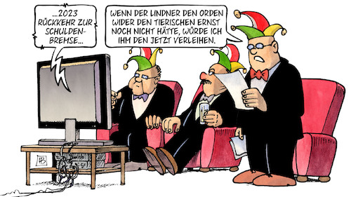 Cartoon: Lindner-Orden (medium) by Harm Bengen tagged 2023,rückkehr,schuldenbremse,lindner,fdp,finanzminister,orden,wider,tierischen,ernst,tv,karneval,harm,bengen,cartoon,karikatur,2023,rückkehr,schuldenbremse,lindner,fdp,finanzminister,orden,wider,tierischen,ernst,tv,karneval,harm,bengen,cartoon,karikatur