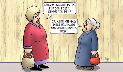 Cartoon: Literaturnobelpreis 2023 (medium) by Harm Bengen tagged literaturnobelpreis,jon,fosse,krimis,susemil,jutta,zaun,nobelpreis,harm,bengen,cartoon,karikatur,literaturnobelpreis,jon,fosse,krimis,susemil,jutta,zaun,nobelpreis,harm,bengen,cartoon,karikatur