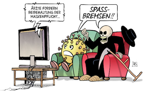 Cartoon: Lockerungs-Fans (medium) by Harm Bengen tagged ärzte,beibehaltung,aufhebung,maskenpflicht,spassbremsen,spaßbremsen,lockerungen,durchseuchung,neuinfektionen,corona,tv,tod,virus,harm,bengen,cartoon,karikatur,ärzte,beibehaltung,aufhebung,maskenpflicht,spassbremsen,spaßbremsen,lockerungen,durchseuchung,neuinfektionen,corona,tv,tod,virus,harm,bengen,cartoon,karikatur