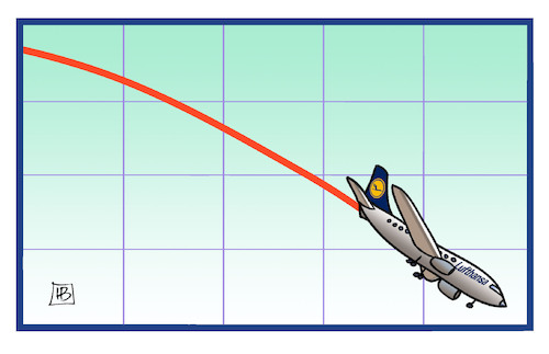 Cartoon: Lufthansa-Sinkflug (medium) by Harm Bengen tagged lufthansa,sinkflug,börse,bilanz,verlust,gewinnrückgang,flugzeug,luftfahrt,harm,bengen,cartoon,karikatur,lufthansa,sinkflug,börse,bilanz,verlust,gewinnrückgang,flugzeug,luftfahrt,harm,bengen,cartoon,karikatur