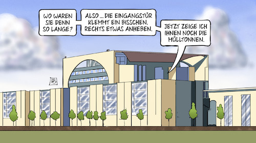 Cartoon: Machtübergabe (medium) by Harm Bengen tagged machtübergabe,kanzleramt,eingangstür,mülltonnen,scholz,merz,kanzlerwahl,harm,bengen,cartoon,karikatur,machtübergabe,kanzleramt,eingangstür,mülltonnen,scholz,merz,kanzlerwahl,harm,bengen,cartoon,karikatur