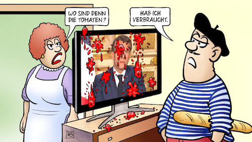 Cartoon: Macron im TV (medium) by Harm Bengen tagged tomaten,tv,macron,rentenreform,frankreich,harm,bengen,cartoon,karikatur,tomaten,tv,macron,rentenreform,frankreich,harm,bengen,cartoon,karikatur