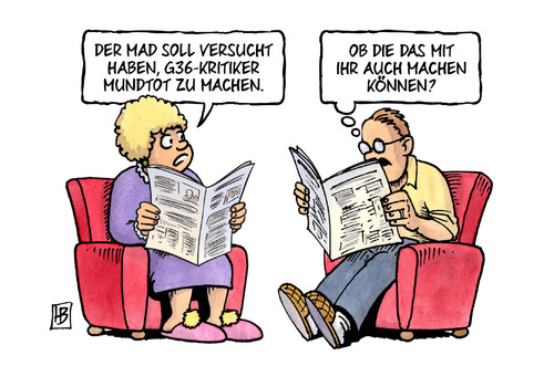 Cartoon: MAD macht mundtot (medium) by Harm Bengen tagged mad,militärischer,abschirmdienst,geheimdienst,bundeswehr,gewehr,sturmgewehr,mann,frau,ehe,zeitung,g36,kritiker,kritik,mundtot,maulkorb,journalisten,harm,bengen,cartoon,karikatur,mad,militärischer,abschirmdienst,geheimdienst,bundeswehr,gewehr,sturmgewehr,mann,frau,ehe,zeitung,g36,kritiker,kritik,mundtot,maulkorb,journalisten,harm,bengen,cartoon,karikatur