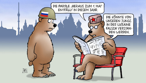 Cartoon: Mai-Parolen in Russland (medium) by Harm Bengen tagged parole,heraus,zum,ersten,mai,bären,moskau,stahlhelm,russland,ukraine,krieg,harm,bengen,cartoon,karikatur,parole,heraus,zum,ersten,mai,bären,moskau,stahlhelm,russland,ukraine,krieg,harm,bengen,cartoon,karikatur