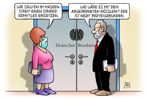 Cartoon: Masken-Sonderermittler (medium) by Harm Bengen tagged masken,streit,sonderermittler,bundestag,abgeordnete,nüsslein,nüßlein,parteigebunden,spahn,minderwertige,eingekauft,betrug,bedürftige,corona,skandal,harm,bengen,cartoon,karikatur,masken,streit,sonderermittler,bundestag,abgeordnete,nüsslein,nüßlein,parteigebunden,spahn,minderwertige,eingekauft,betrug,bedürftige,corona,skandal,harm,bengen,cartoon,karikatur