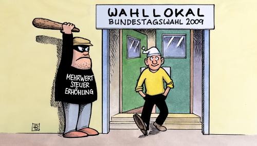 Cartoon: Mehrwertsteuererhöhung (medium) by Harm Bengen tagged mehrwertsteuererhöhung,mehrwertsteuer,erhöhung,bundestagswahl,wahl,wahllokal,steuer,steuererhöhung,raub,keule,überraschung,mehrwertsteuererhöhung,mehrwertsteuer,erhöhung,bundestagswahl,wahl,wahlen,wahllokal,steuer,steuererhöhung,raub,keule,überraschung,steuerzahler,wirtschaftskrise,finanzkrise