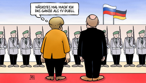 Cartoon: Merkel-Putin-Duell (medium) by Harm Bengen tagged tv,duell,putin,besuch,berlin,kanzleramt,merkel,normandieformat,ukraine,soldaten,bundeswehr,staatsempfang,harm,bengen,cartoon,karikatur,tv,duell,putin,besuch,berlin,kanzleramt,merkel,normandieformat,ukraine,soldaten,bundeswehr,staatsempfang,harm,bengen,cartoon,karikatur
