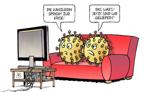 Cartoon: Merkel und Corona (medium) by Harm Bengen tagged kanzlerin,rede,tv,krise,geliefert,corona,coronavirus,ansteckung,pandemie,epidemie,krankheit,schaden,harm,bengen,cartoon,karikatur,kanzlerin,rede,tv,krise,geliefert,corona,coronavirus,ansteckung,pandemie,epidemie,krankheit,schaden,harm,bengen,cartoon,karikatur