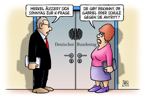 Cartoon: Merkel und K-Frage (medium) by Harm Bengen tagged merkel,sonntag,frage,bundestag,kanzlerkandidatur,kanzlerkandidat,gabriel,schulz,antreten,bundestagswahl,harm,bengen,cartoon,karikatur,merkel,sonntag,frage,bundestag,kanzlerkandidatur,kanzlerkandidat,gabriel,schulz,antreten,bundestagswahl,harm,bengen,cartoon,karikatur