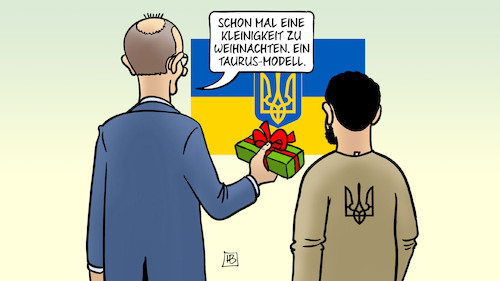 Cartoon: Merz in Kiew (medium) by Harm Bengen tagged geschenk,kleinigkeit,weihnachten,selenskyj,merz,ukraine,kiew,taurus,modell,harm,bengen,cartoon,karikatur,geschenk,kleinigkeit,weihnachten,selenskyj,merz,ukraine,kiew,taurus,modell,harm,bengen,cartoon,karikatur