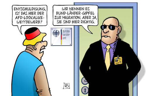 Cartoon: Migrationsgipfel (medium) by Harm Bengen tagged afd,lookalike,wettbewerb,bund,länder,gipfel,migration,zuwanderung,security,bundeskanzleramt,verschärfung,asylpolitik,flüchtlinge,harm,bengen,cartoon,karikatur,afd,lookalike,wettbewerb,bund,länder,gipfel,migration,zuwanderung,security,bundeskanzleramt,verschärfung,asylpolitik,flüchtlinge,harm,bengen,cartoon,karikatur