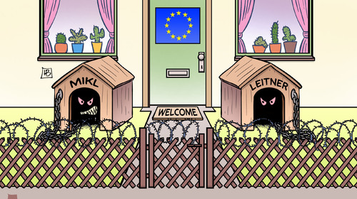 Cartoon: Mikl und Leitner (medium) by Harm Bengen tagged mikl,leitner,oesterreich,innenministerin,hundehütte,stacheldraht,jägerzaun,visum,eu,europa,balkanroute,grenze,gipfel,flucht,flüchtlinge,abschreckung,verschärfung,grenzen,harm,bengen,cartoon,karikatur,mikl,leitner,oesterreich,innenministerin,hundehütte,stacheldraht,jägerzaun,visum,eu,europa,balkanroute,grenze,gipfel,flucht,flüchtlinge,abschreckung,verschärfung,grenzen,harm,bengen,cartoon,karikatur