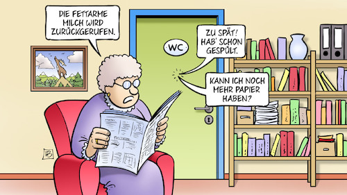 Cartoon: Milch-Rückruf (medium) by Harm Bengen tagged fettarme,milch,rückruf,supermarkt,gesundheit,zeitung,lesen,durchfall,wc,regal,papier,bild,harm,bengen,cartoon,karikatur,fettarme,milch,rückruf,supermarkt,gesundheit,zeitung,lesen,durchfall,wc,regal,papier,bild,harm,bengen,cartoon,karikatur