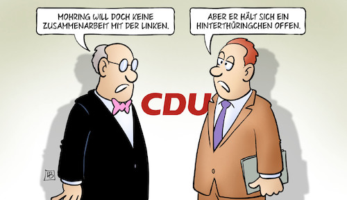 Cartoon: Mohring und Linke (medium) by Harm Bengen tagged mohring,zusammenarbeit,koalition,linken,cdu,linke,landtagswahl,hinterthüringchen,thüringen,harm,bengen,cartoon,karikatur,mohring,zusammenarbeit,koalition,linken,cdu,linke,landtagswahl,hinterthüringchen,thüringen,harm,bengen,cartoon,karikatur