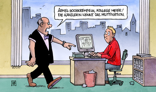 Cartoon: Motivation (medium) by Harm Bengen tagged motivation,merkel,bundeskanzlerin,ärmel,regierungserklärung,büro,krise,motivation,angela merkel,bundeskanzlerin,bundeskanzler,kanzler,kanzlerin,ärmel,regierungserklärung,büro,krise,regierung,angela,merkel