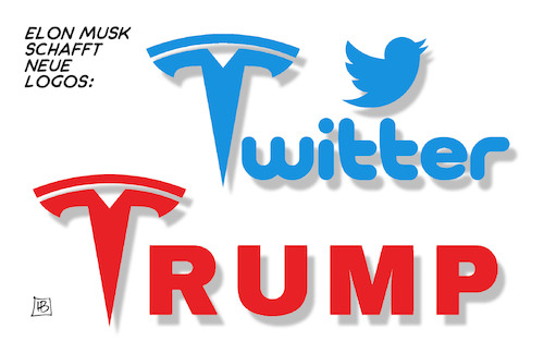 Cartoon: Musk-Logos (medium) by Harm Bengen tagged elon,musk,logos,twitter,tesla,trump,harm,bengen,cartoon,karikatur,elon,musk,logos,twitter,tesla,trump,harm,bengen,cartoon,karikatur