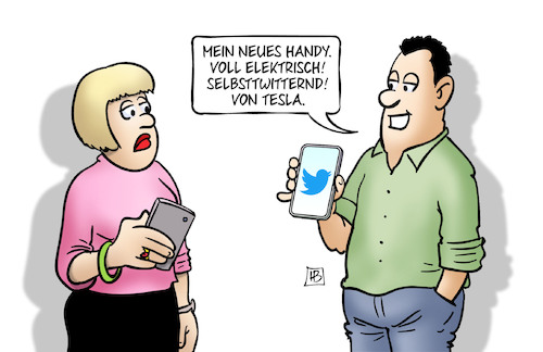 Cartoon: Musk und Twitter (medium) by Harm Bengen tagged neues,handy,smartphone,elektrisch,selbsttwitternd,tesla,twitter,musk,kauf,harm,bengen,cartoon,karikatur,neues,handy,smartphone,elektrisch,selbsttwitternd,tesla,twitter,musk,kauf,harm,bengen,cartoon,karikatur