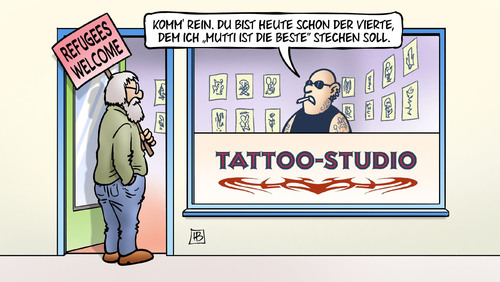 Cartoon: Mutti-Tattoo (medium) by Harm Bengen tagged refugees,welcome,mutti,tattoo,studio,tätowieren,flüchtlinge,asyl,merkel,harm,bengen,cartoon,karikatur,refugees,welcome,mutti,tattoo,studio,tätowieren,flüchtlinge,asyl,merkel,harm,bengen,cartoon,karikatur