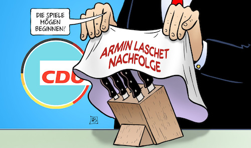 Cartoon: Nachfolge-Spiele (medium) by Harm Bengen tagged messerblock,nachfolge,armin,laschet,cdu,rücktritt,demontage,sondierungen,bundestagswahl,rivalen,harm,bengen,cartoon,karikatur,messerblock,nachfolge,armin,laschet,cdu,rücktritt,demontage,sondierungen,bundestagswahl,rivalen,harm,bengen,cartoon,karikatur