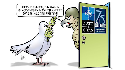 Cartoon: NATO-Gipfel und Frieden (medium) by Harm Bengen tagged sorgen,frieden,friedenstaube,falke,krieg,ukraine,russland,feier,nato,75,gipfel,jubiläum,harm,bengen,cartoon,karikatur,sorgen,frieden,friedenstaube,falke,krieg,ukraine,russland,feier,nato,75,gipfel,jubiläum,harm,bengen,cartoon,karikatur