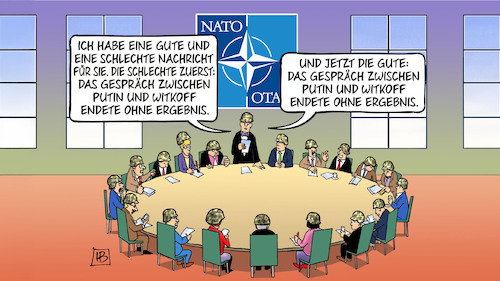Cartoon: NATO und Friedensverhandlungen (medium) by Harm Bengen tagged gute,schlechte,nachricht,gespraech,putin,witkoff,usa,russland,friedensverhandlungen,ukraine,krieg,nato,harm,bengen,cartoon,karikatur,gute,schlechte,nachricht,gespraech,putin,witkoff,usa,russland,friedensverhandlungen,ukraine,krieg,nato,harm,bengen,cartoon,karikatur