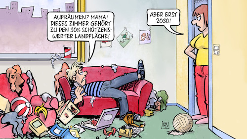 Cartoon: Naturschutzabkommen (medium) by Harm Bengen tagged aufraeumen,mama,mutter,kind,chaos,kinderzimmer,muell,zimmer,naturschutzabkommen,landflaeche,2030,harm,bengen,cartoon,karikatur,aufraeumen,mama,mutter,kind,chaos,kinderzimmer,muell,zimmer,naturschutzabkommen,landflaeche,2030,harm,bengen,cartoon,karikatur